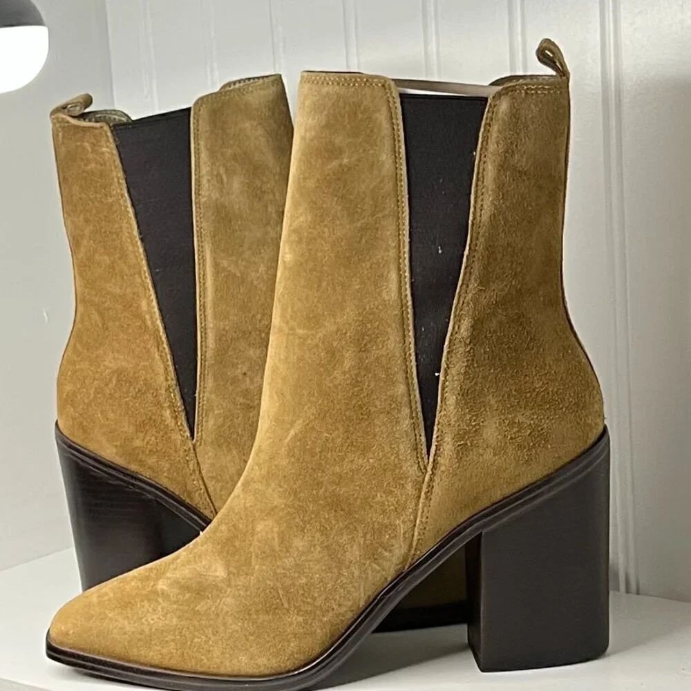 Marc Fisher LTD  KRISTIE Leather Block Heel Mid-Calf Boots Med Natural Size 10